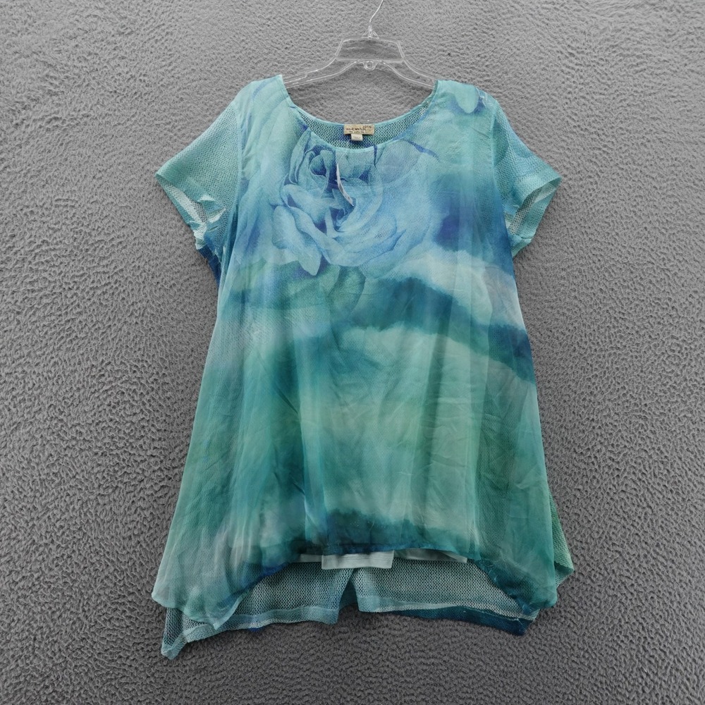 OneWorld Mesh Floral Top XXL Blue Green Women Short Sleeve Stretch Lined NWT